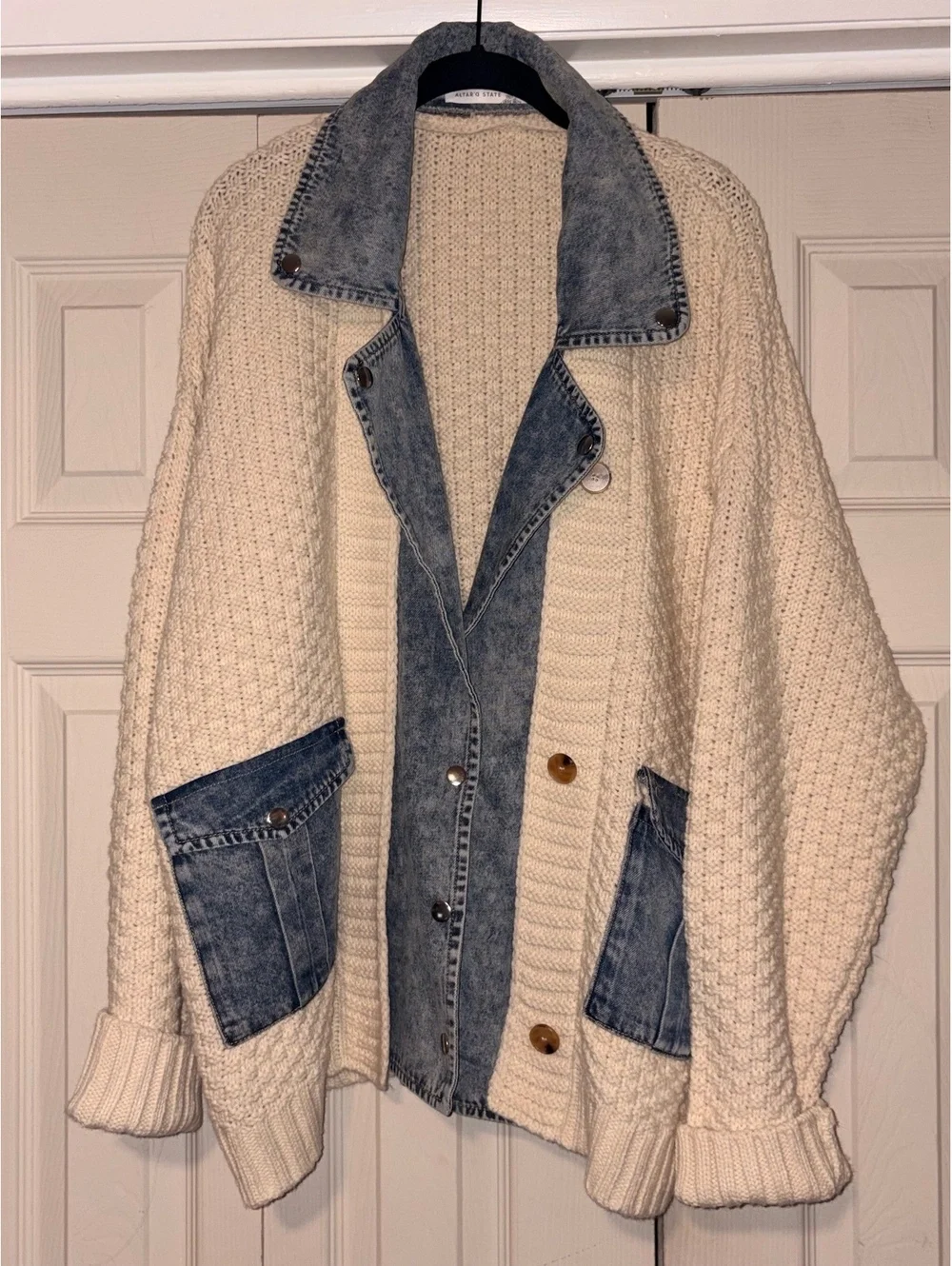 Altar'd State Hadley Cable Denim Mixed Cardigan Womens L Cream Jean Jacket